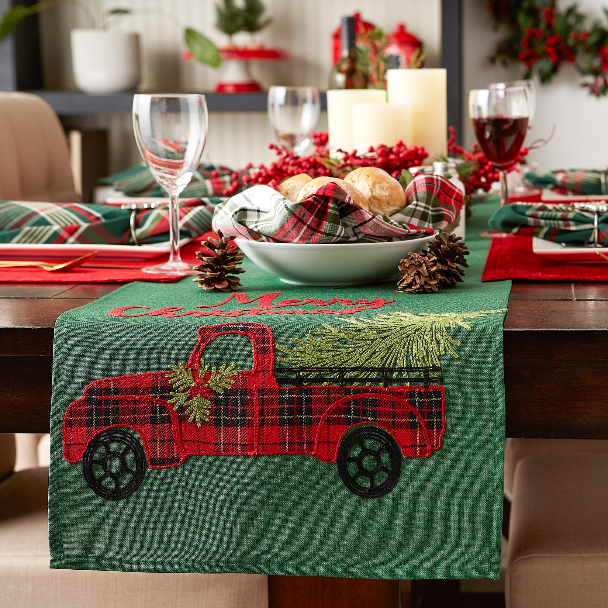 Merry Christmas Truck Embroidered Table Runner