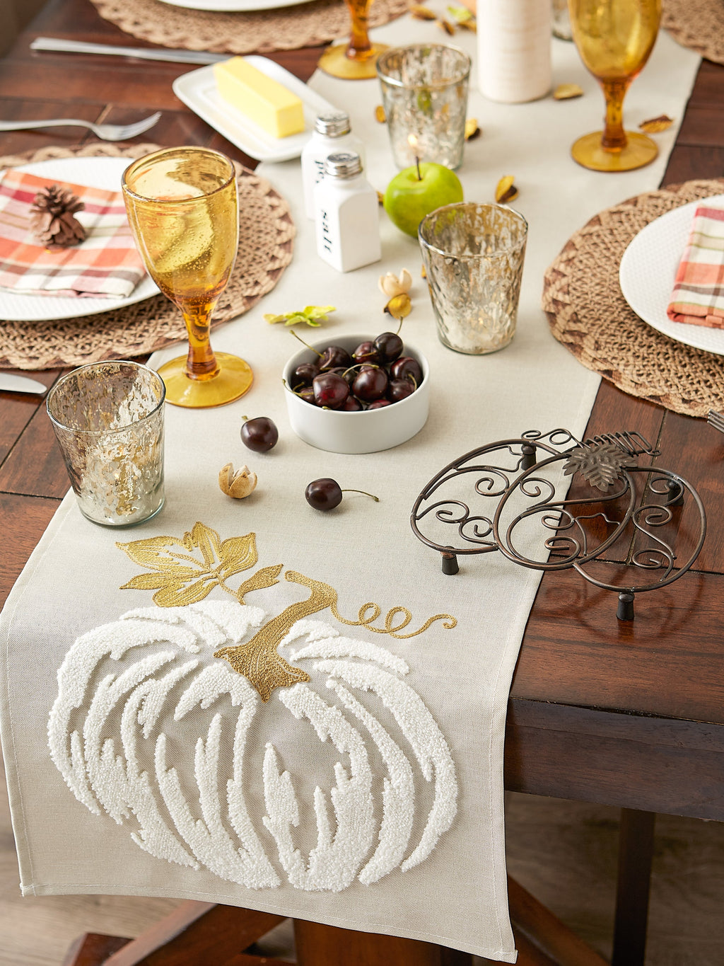 Autumn Embroidered Table Runner, White Pumpkin