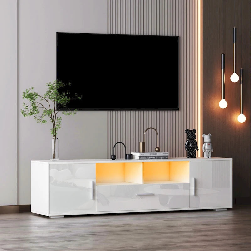 White 62.99 TV Stand with LED Lights, Cabinets, and Open Shelves for TVs Up to 65