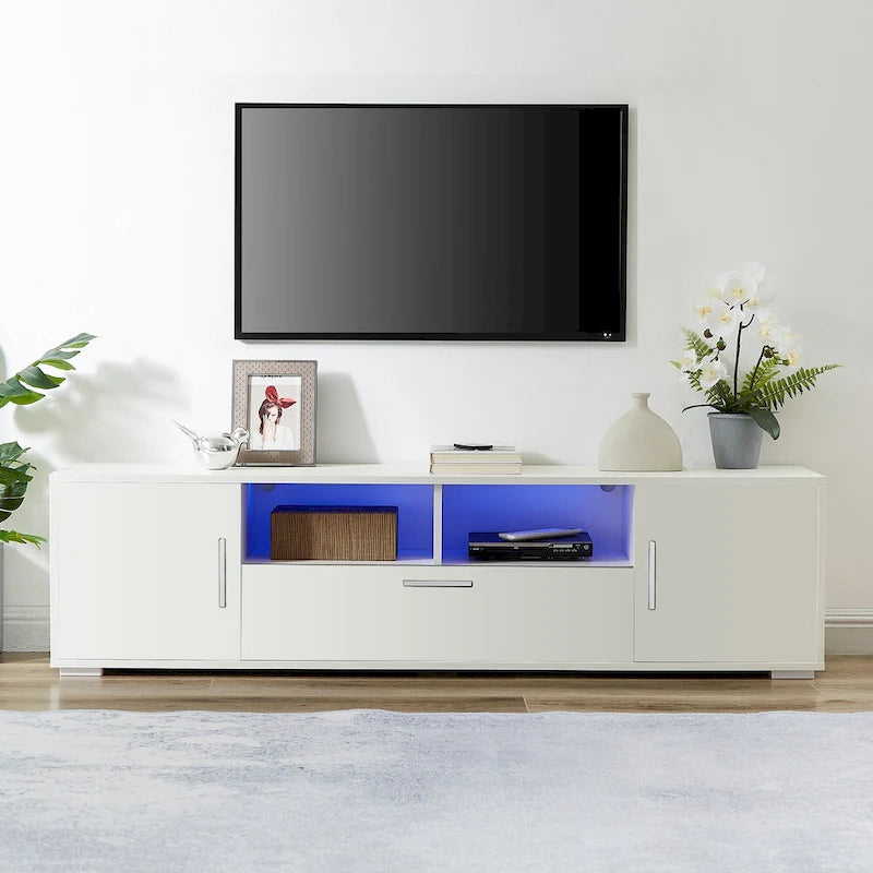 White 62.99 TV Stand with LED Lights, Cabinets, and Open Shelves for TVs Up to 65