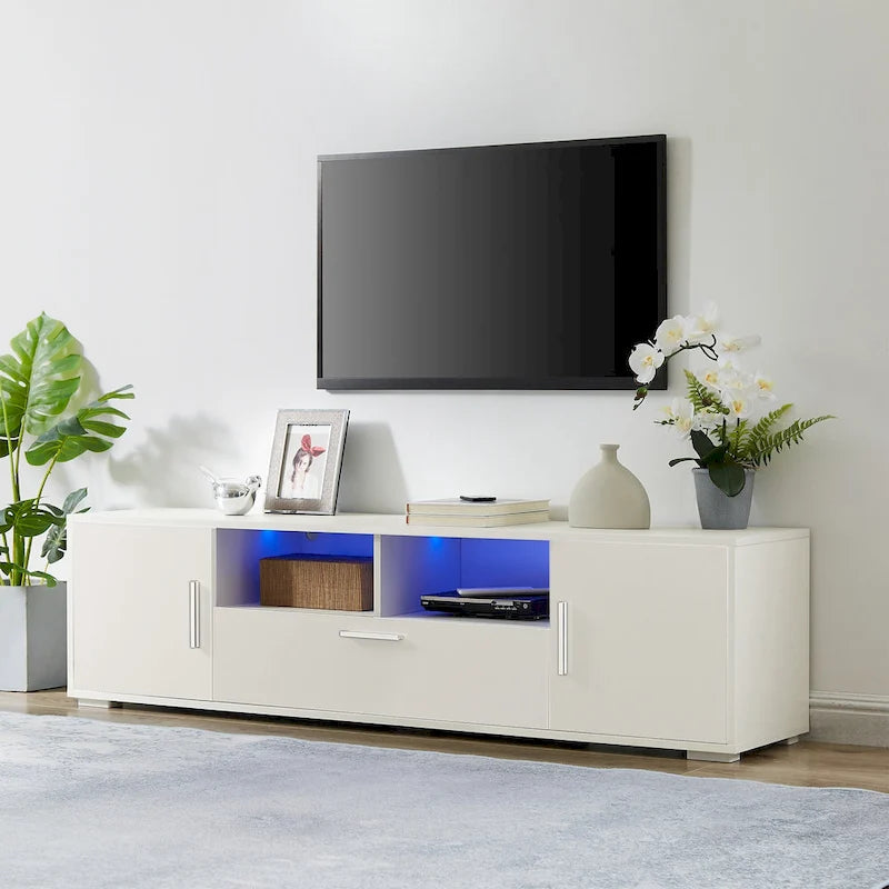 White 62.99 TV Stand with LED Lights, Cabinets, and Open Shelves for TVs Up to 65