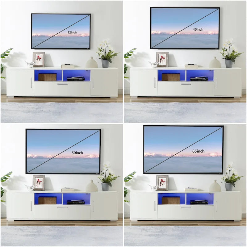 White 62.99 TV Stand with LED Lights, Cabinets, and Open Shelves for TVs Up to 65