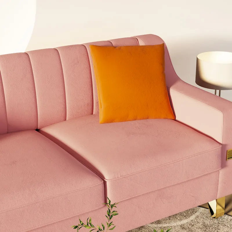 Luxury pink Velvet Sofa with Gold Accents - Modern 3-Seat Couch with Plush Cushions
