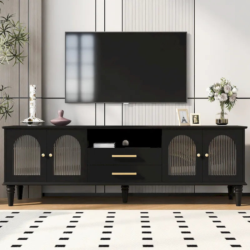 68.9 Retro TV Stand for TVs up to 75 Inches, Entertainment Center Media Console with Arched Style Fluted Glass Doors, 2Drawers