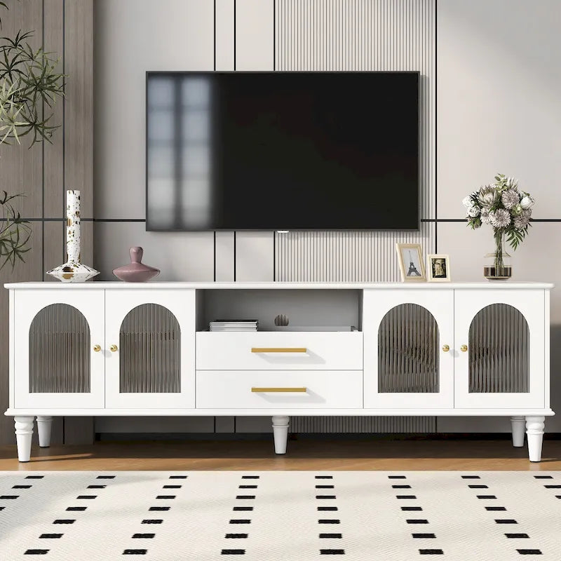 68.9 Retro TV Stand for TVs up to 75 Inches, Entertainment Center Media Console with Arched Style Fluted Glass Doors, 2Drawers
