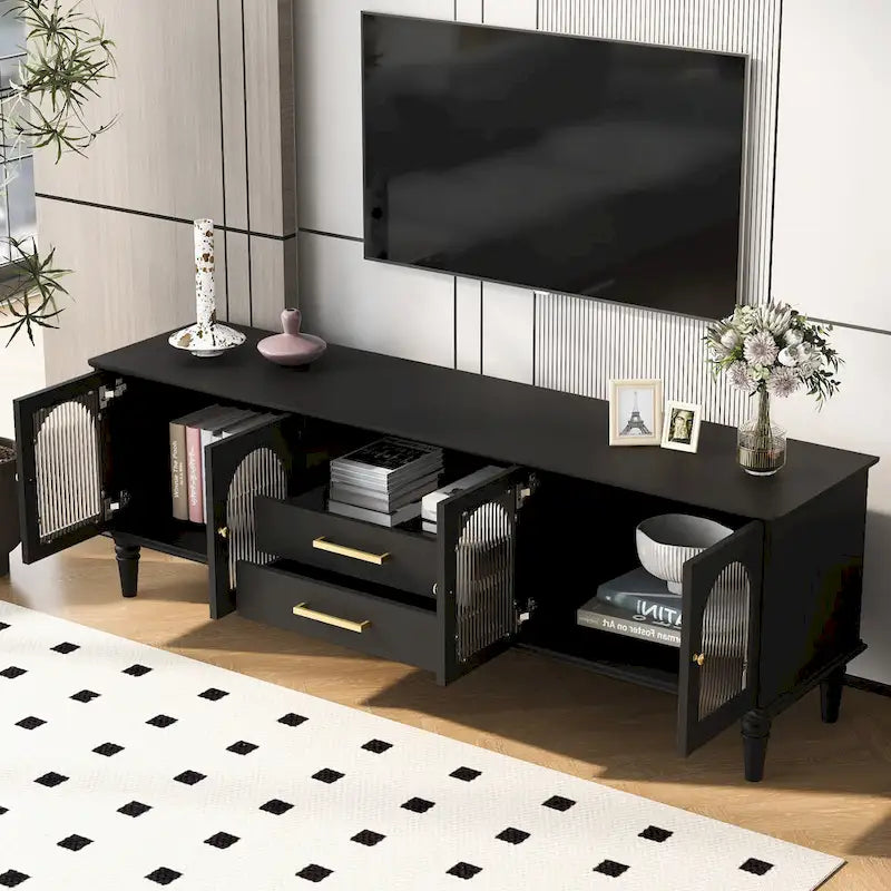 68.9 Retro TV Stand for TVs up to 75 Inches, Entertainment Center Media Console with Arched Style Fluted Glass Doors, 2Drawers