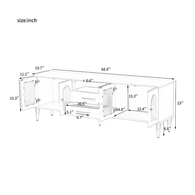 68.9 Retro TV Stand for TVs up to 75 Inches, Entertainment Center Media Console with Arched Style Fluted Glass Doors, 2Drawers
