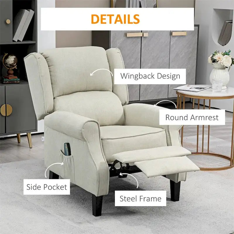 Massage Linen Recliner Chair with Heat,Footrest and Side Pocket
