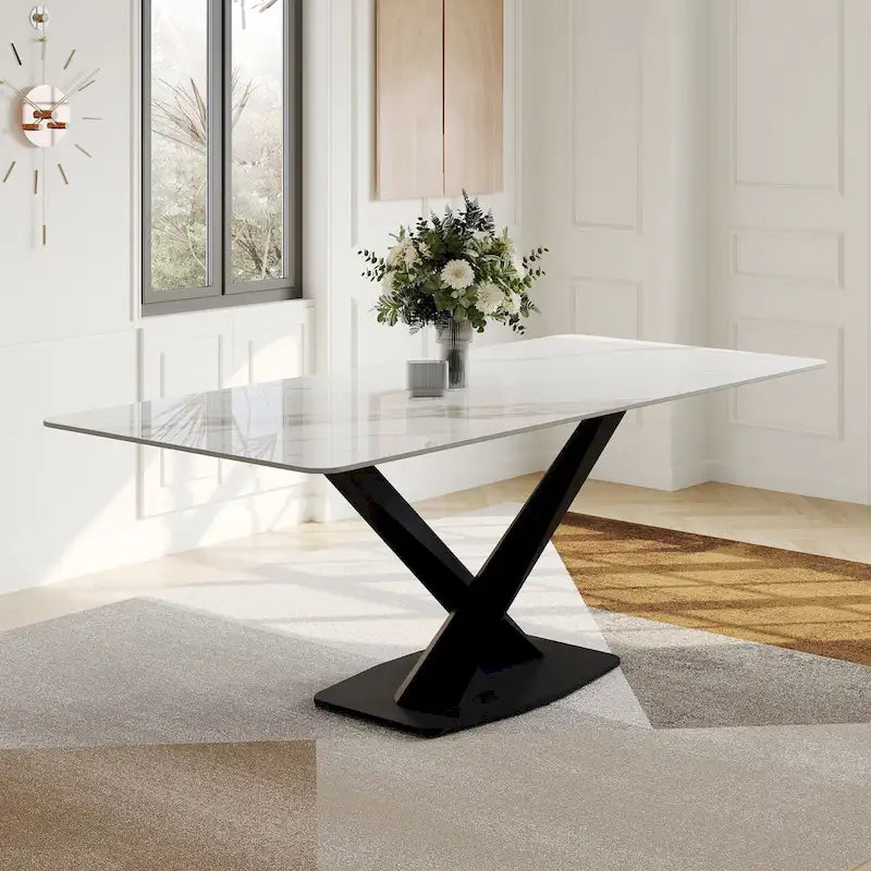 Modern Rectangular Dining table with Glossy Sintered Stone Table top, White Kitchen Table