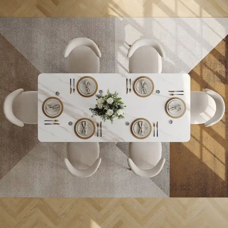 Modern Rectangular Dining table with Glossy Sintered Stone Table top, White Kitchen Table