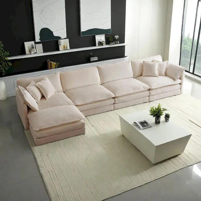 5-Piece Modular Chenille Upholstered L-Shaped Sectional Sofa with Ottoman