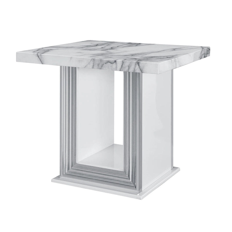 HomeRoots 24 White and Silver Faux Marble and Wood Pedestal End Table - 26' X '24.4' X '26