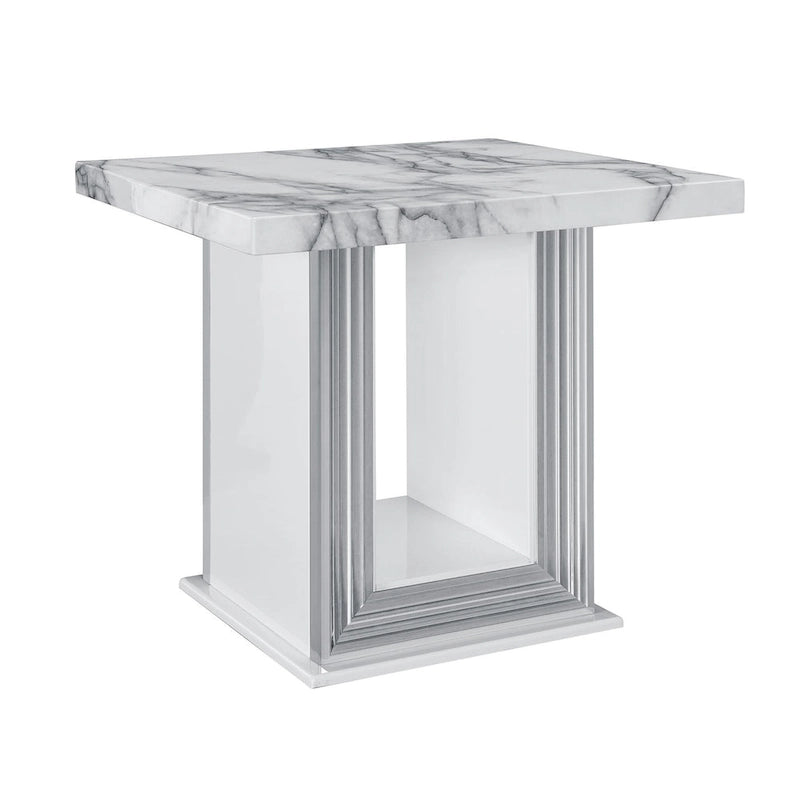 HomeRoots 24 White and Silver Faux Marble and Wood Pedestal End Table - 26' X '24.4' X '26