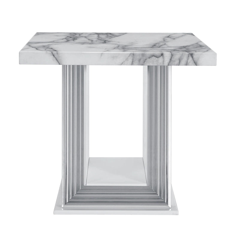 HomeRoots 24 White and Silver Faux Marble and Wood Pedestal End Table - 26' X '24.4' X '26