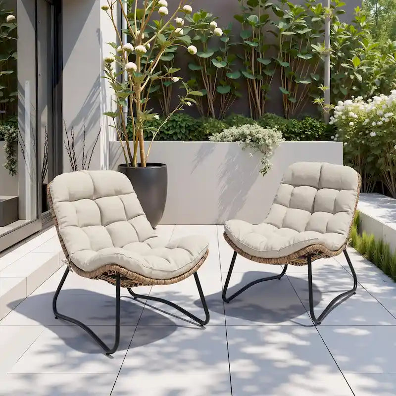 2-Piece Outdoor Papasan Chairs with Thick Padded Cushion PE Rattan Patio Cozy Chairs