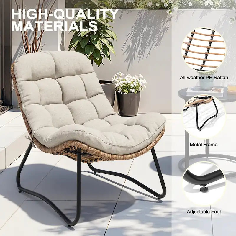 2-Piece Outdoor Papasan Chairs with Thick Padded Cushion PE Rattan Patio Cozy Chairs