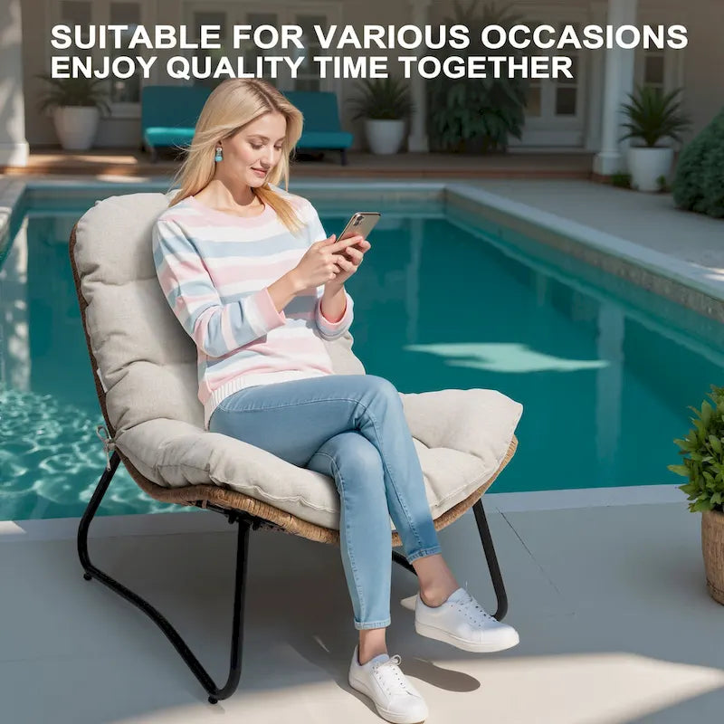 2-Piece Outdoor Papasan Chairs with Thick Padded Cushion PE Rattan Patio Cozy Chairs