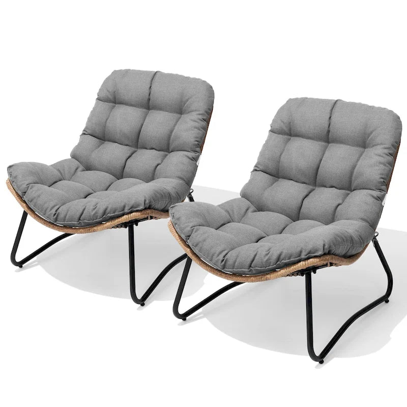 2-Piece Outdoor Papasan Chairs with Thick Padded Cushion PE Rattan Patio Cozy Chairs