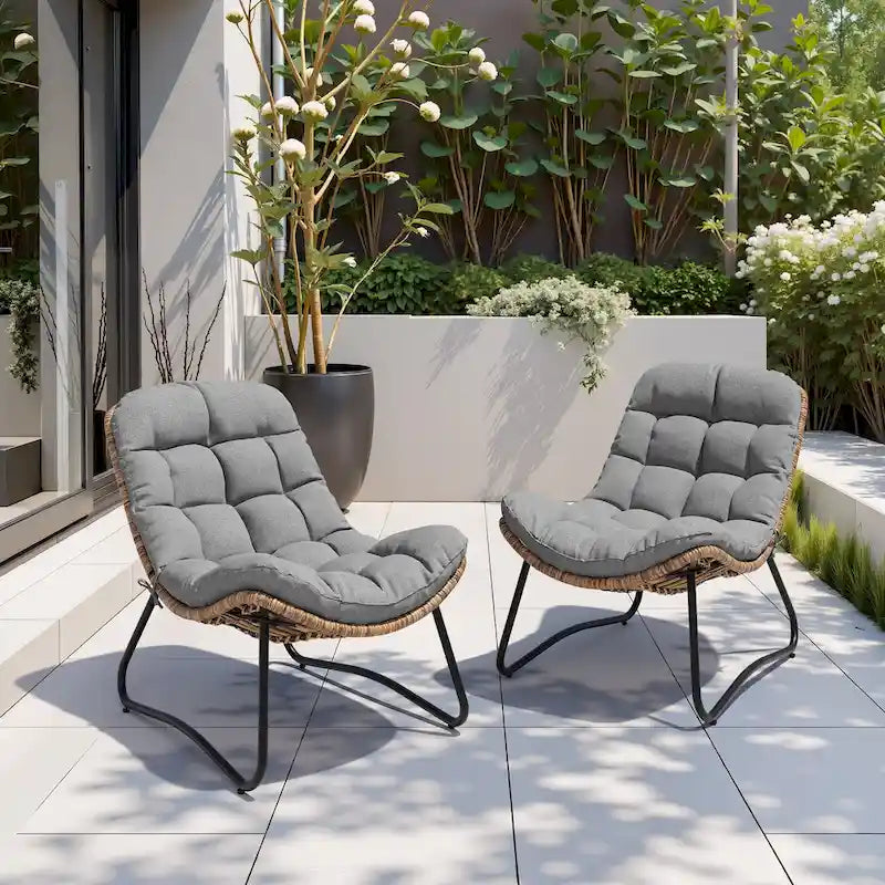 2-Piece Outdoor Papasan Chairs with Thick Padded Cushion PE Rattan Patio Cozy Chairs