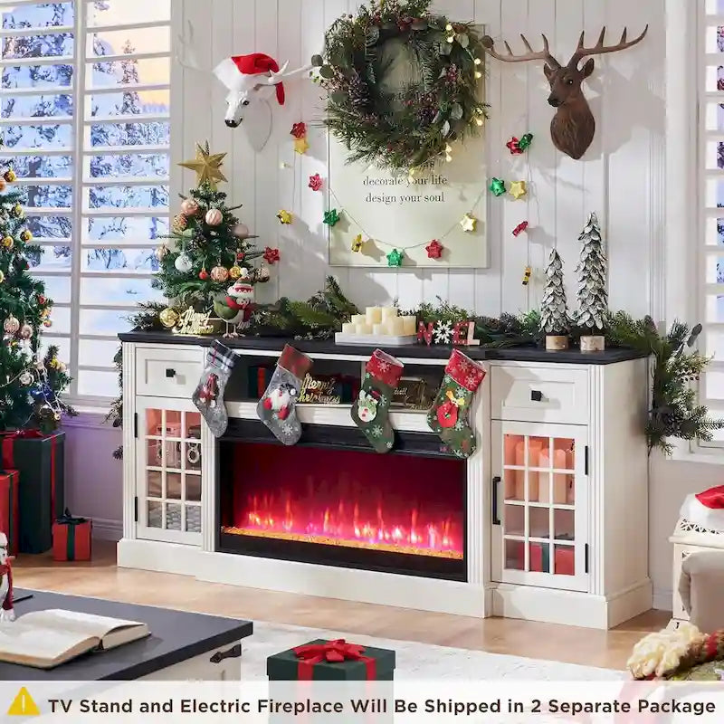 Farmhouse Fireplace TV Stand for 80 Inch TV, Entertainment Center