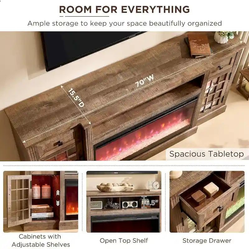 Farmhouse Fireplace TV Stand for 80 Inch TV, Entertainment Center