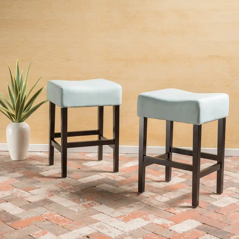 Modern 26.75 Set of 2 Bar Stools with Leather Seat, Backless Design, Solid Wood Legs for Bar Dining Room Living Room