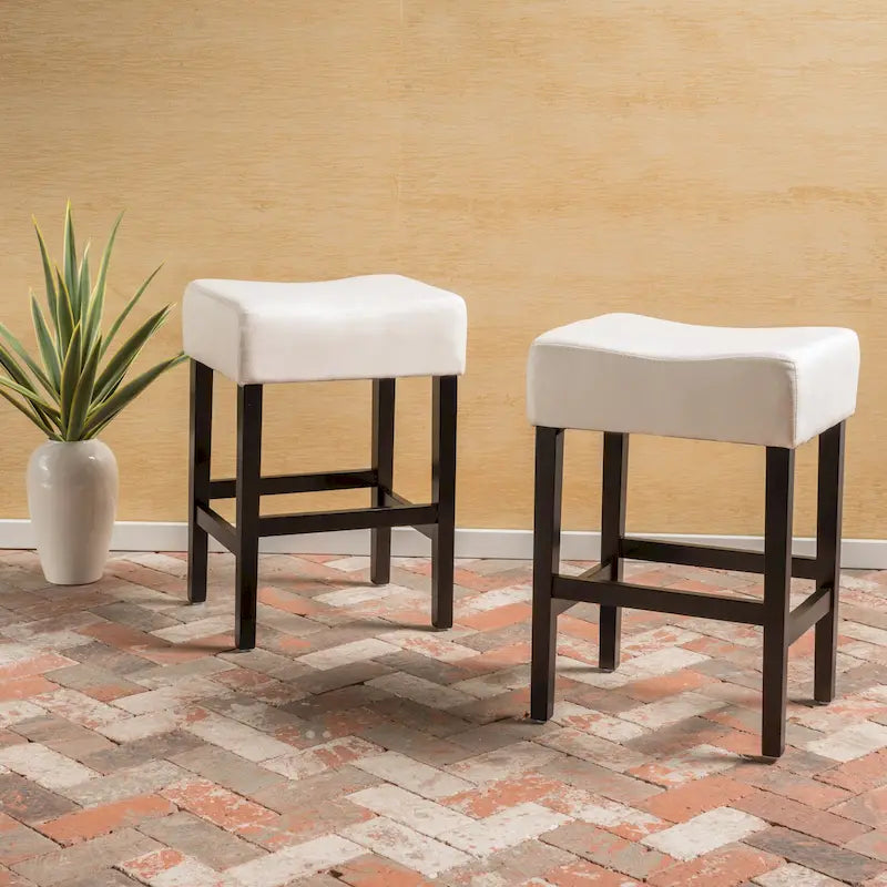 Modern 26.75 Set of 2 Bar Stools with Leather Seat, Backless Design, Solid Wood Legs for Bar Dining Room Living Room