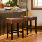 Modern 26.75 Set of 2 Bar Stools with Leather Seat, Backless Design, Solid Wood Legs for Bar Dining Room Living Room