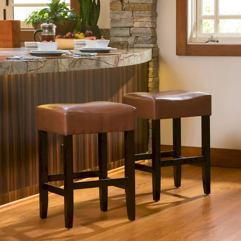 Modern 26.75 Set of 2 Bar Stools with Leather Seat, Backless Design, Solid Wood Legs for Bar Dining Room Living Room