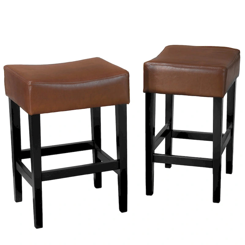 Modern 26.75 Set of 2 Bar Stools with Leather Seat, Backless Design, Solid Wood Legs for Bar Dining Room Living Room