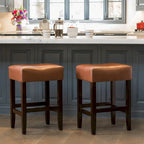 Modern 26.75 Set of 2 Bar Stools with Leather Seat, Backless Design, Solid Wood Legs for Bar Dining Room Living Room