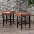 Modern 26.75 Set of 2 Bar Stools with Leather Seat, Backless Design, Solid Wood Legs for Bar Dining Room Living Room