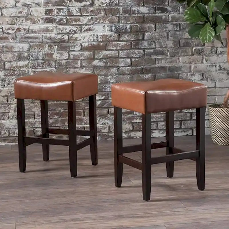 Modern 26.75 Set of 2 Bar Stools with Leather Seat, Backless Design, Solid Wood Legs for Bar Dining Room Living Room
