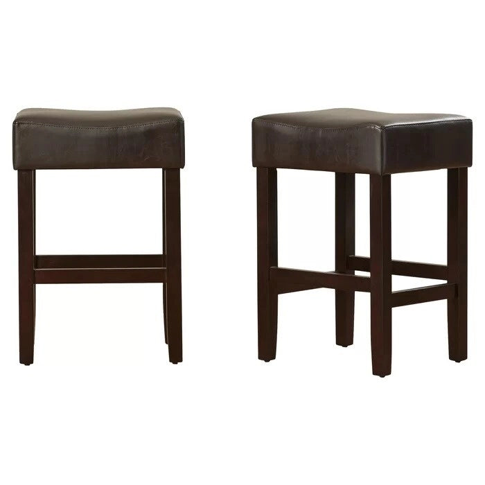 Modern 26.75 Set of 2 Bar Stools with Leather Seat, Backless Design, Solid Wood Legs for Bar Dining Room Living Room
