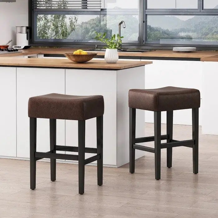 Modern 26.75 Set of 2 Bar Stools with Leather Seat, Backless Design, Solid Wood Legs for Bar Dining Room Living Room