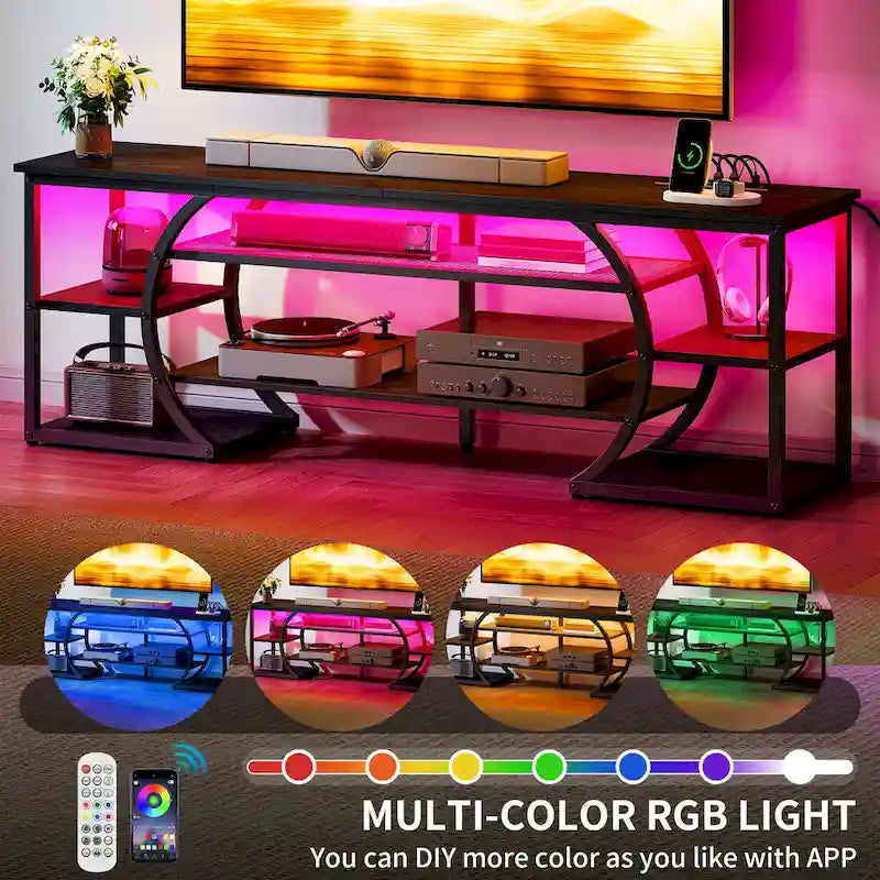 Moasis Industrial LED TV Stand for 65/70 Inch TV with Power Outlets and Shelves