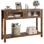Farmhouse Console Table with 2 Glass Drawers & Shelf for Entryway Living Room
