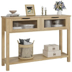 Farmhouse Console Table with 2 Glass Drawers & Shelf for Entryway Living Room