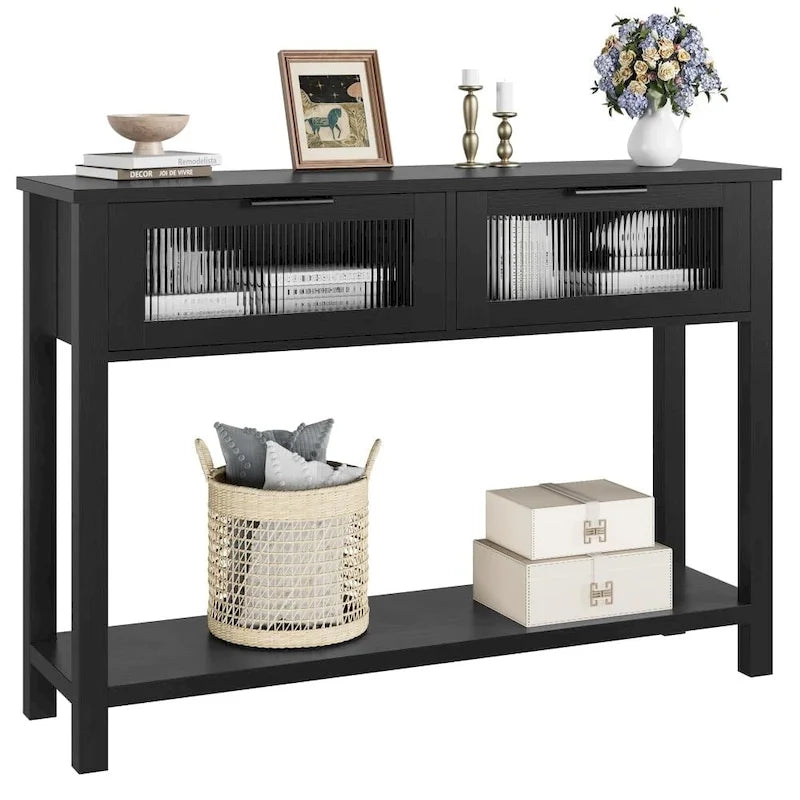 Farmhouse Console Table with 2 Glass Drawers & Shelf for Entryway Living Room