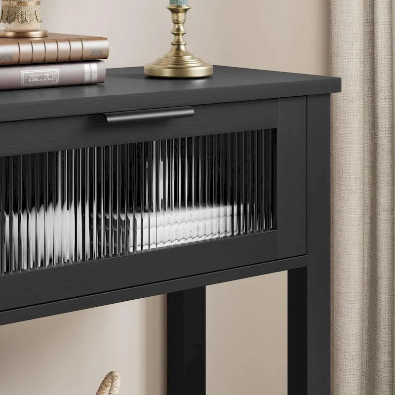 Farmhouse Console Table with 2 Glass Drawers & Shelf for Entryway Living Room