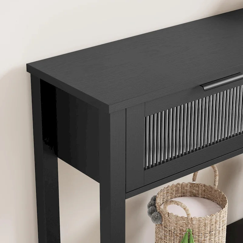 Farmhouse Console Table with 2 Glass Drawers & Shelf for Entryway Living Room