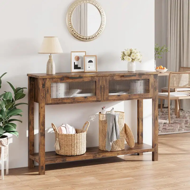 Farmhouse Console Table with 2 Glass Drawers & Shelf for Entryway Living Room