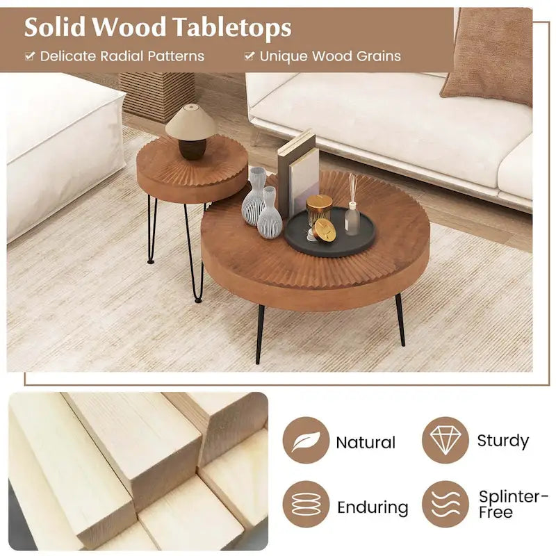 Costway Farmhouse Round CoffeeTable Set of 2 End Table Natural Finish - See Details