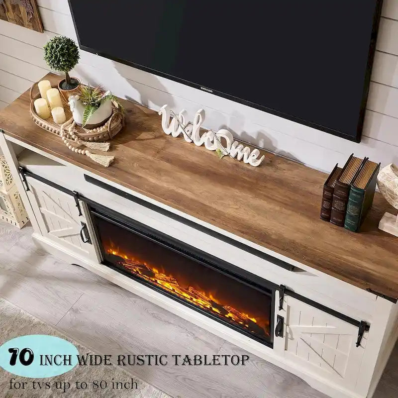 Farmhouse Fireplace TV Stand for 80 TV, Rustic Entertainment Center