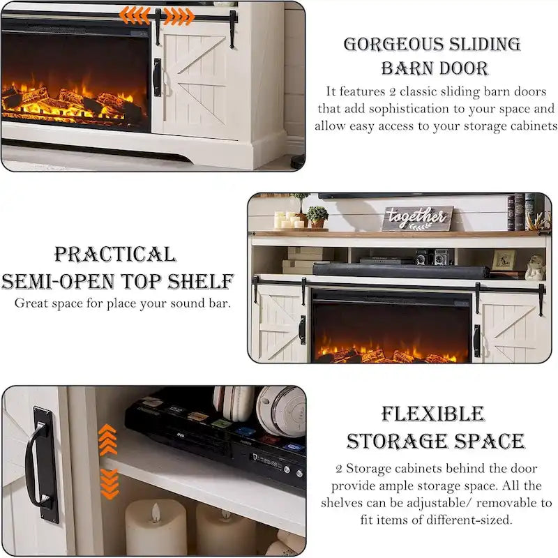 Farmhouse Fireplace TV Stand for 80 TV, Rustic Entertainment Center