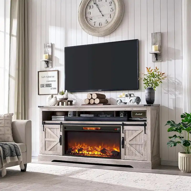 Farmhouse Fireplace TV Stand for 80 TV, Rustic Entertainment Center