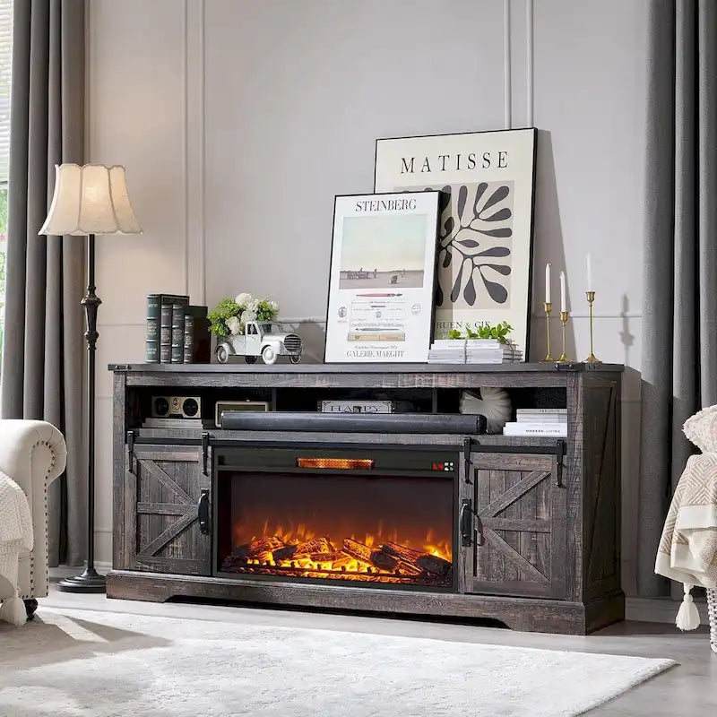 Farmhouse Fireplace TV Stand for 80 TV, Rustic Entertainment Center
