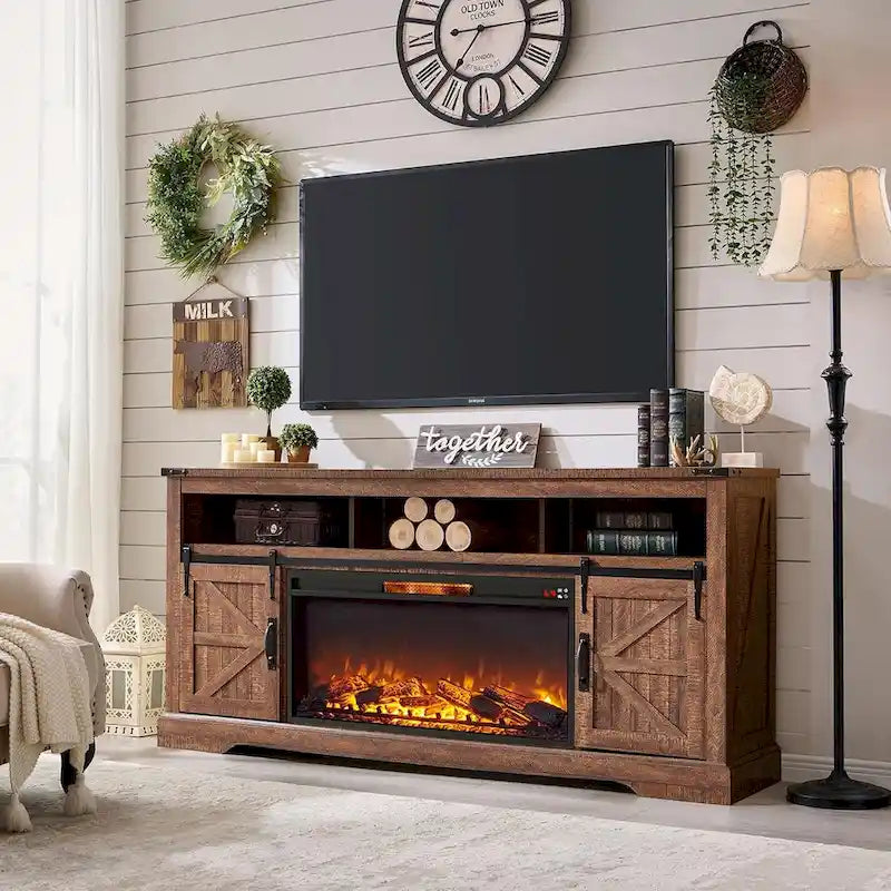 Farmhouse Fireplace TV Stand for 80 TV, Rustic Entertainment Center