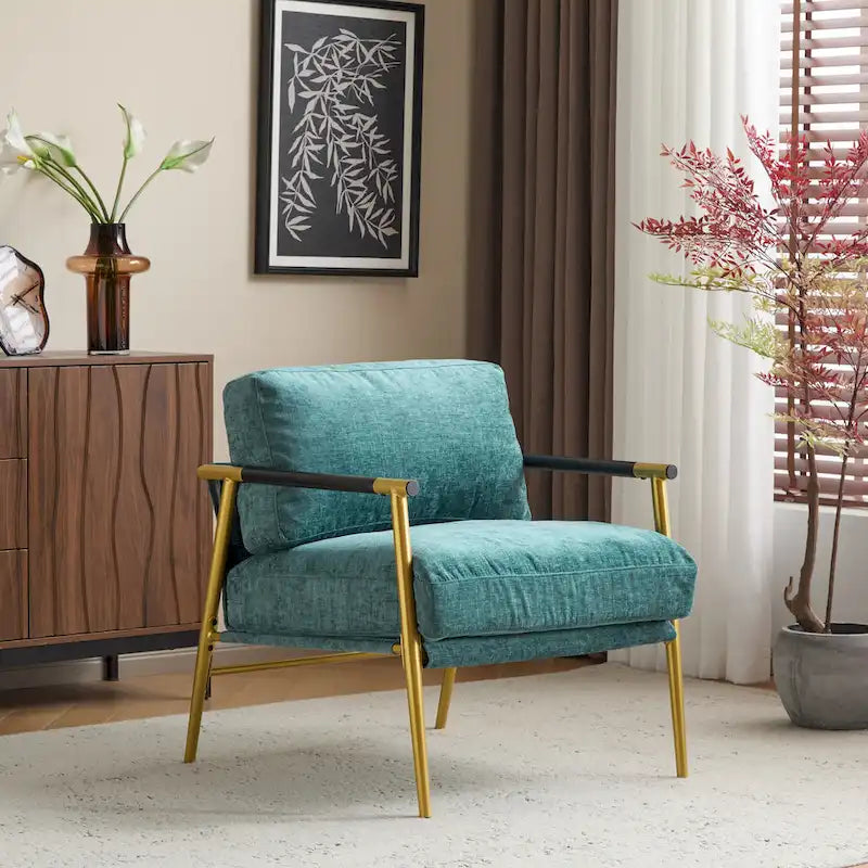 Modern Accent Chair with Plush Cushions, Minimalist Metal Frame, and Wooden Armrest Design