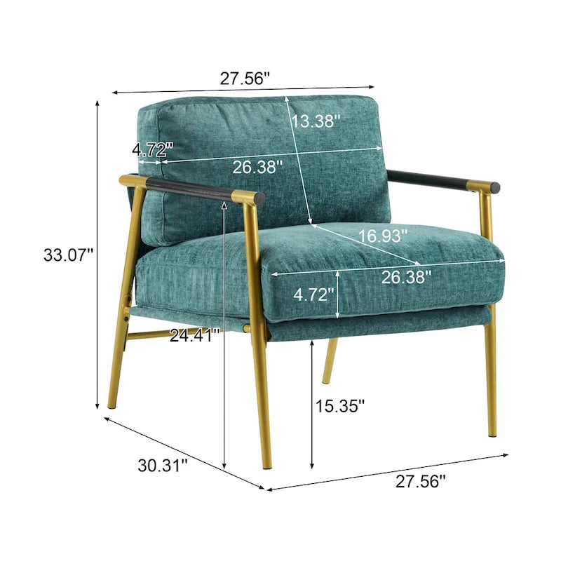 Modern Accent Chair with Plush Cushions, Minimalist Metal Frame, and Wooden Armrest Design